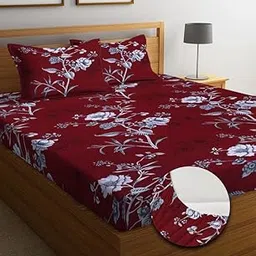 NEW LEAF Premium Cotton Elastic Fitted Bedsheets with 2 King Size Pillow Covers | Double Bed with All Around Elastic 180 TC Supersoft |Size-72 King Sizex78+10 inches | Maroon & White-image-6