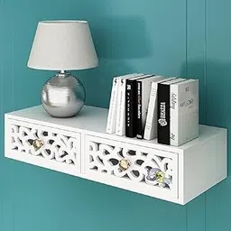 LIVINGLOOM Stand Wall Storage Rack Shelf Unit for Decorative Furniture Standard Wall Shelf Multipurpose Wooden Wall Shelf for TV Unit (White & White)-image-86