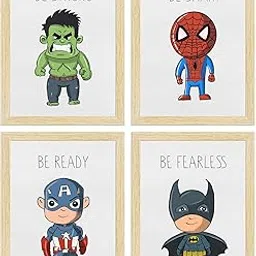 ArtX Wall Paintings For Kids Room, Superheroes Kids Room Wall Frame, Superheros, 10x13 inch each, Multicolor, Synthetic Wood, Set Of 4-picture-24