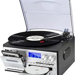 MUSITREND - 9 in 1 vinyl player with external speakers, 3-speed Bluetooth turntable, CD/Cassette compatibility, AM/FM radio, USB SD/MMC, Aux-in/RCA output-picture-10