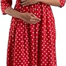 henal Women's Cotton Pink Flower Maternity Kurta Dress Pregnancy Casual Long Sleeve Dual Zipped for Feeding Nursing Comfort Dress-picture-21