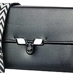 Black Faux Leather Crossbody Bag with Geometric Pattern Strap, Fashion Shoulder Purse for Women-picture-48
