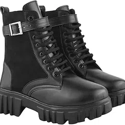 Women's Black Combat Boots – Chunky Platform Lace-Up Ankle Boots with Buckle Strap, Faux Leather & Suede – Gothic Punk Style-image-2