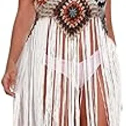 ezloot Women's Crochet Tassel Cover Up Beach Dress with Spaghetti Strap Fringe Hem Swimwear-picture-55