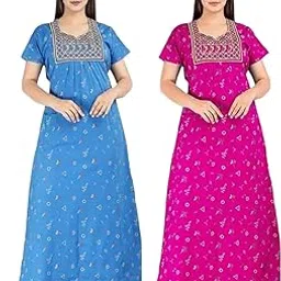 niloufo Women's Cotton Jaipuri Nighty Gown – Pack of 2 Rajasthani Print Night Dresses | Maxi Sleepwear with Pocket | Soft Embroidered Loungewear for Ladies image 1