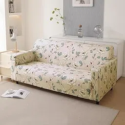 HOKIPO Premium Printed Velvet Sofa Cover 3 Seater Fully Covered, Buttercream Magnolia Whisper (AR-5797-D5)-picture-20