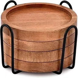Wooden Coasters for Drink Natural Wood Drink Round Plate with Iron Stand Coaster Set of 4, Handmade Coaster for Dining & Coffee Table Decor, Home & Kitchen for Glasses, Cups Tabletop, 4 Inch,Browm-picture-26