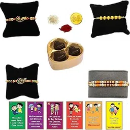 BOGATCHI Rakhi with chocolates gift pack, Rakhi and chocolate combo, Rakhi gift for brother with chocolate (3pcs)+Rakhi(4) +Roli Chawal+ Rakhi Story Card +Gold Coin with Rakhi Sweets, RKH3a22-image-52
