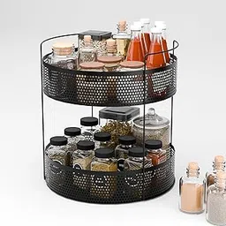 Kuber Industries 2-Tier Metal Round Kitchen Rack Stand Organiser | Countertop Organizer Kitchen Bathroom Standing Rack | Spice, Oil, Masala, Cosmetics & Bathroom Vanity Storage Rack Shelf | Black-image-63