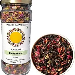 Kashmir Harvest Hub Kashmiri Shahi Kahwa (Qawah Tea) -100g | Sugar Free | 100% Natural & Herbal | Loose Leaves | Detoxifies Body | Traditional Blend | Saffron Added | Glass Bottle - (Pack of 1)-picture-59
