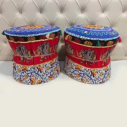 POSHMANDALA Embroidery Work Bamboo Mudda Cover Muddy Stool Ottaman Pouffes Patio Chair Footstools Cover Size 17x18 Inches, Set of 2 Pieces (ONLY Cover)-image-74