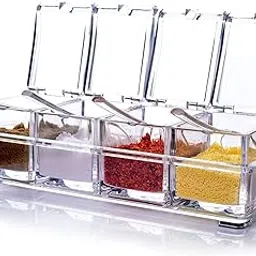 Kazenzo Crystal Seasoning Box Kitchen Acrylic Transparent Spice Jar Box Case Set Storage Container Condiment Jars Dispenser for Salt Sugar Cruet with Cover and with Serving Spoons Set of 4-picture-29