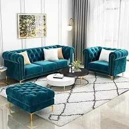 VIBRANT WOOD Modern Classic Velvet Chesterfield 4-Seater Sofa Set with Button Tufted Design ? Luxurious 3+1+1 Sofa with Footrest for Living Room and Office Furniture-image-11