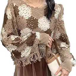 icw Women Multicolour Hollow Out Batwing Sleeves Crochet Cape Poncho Bohemian Tassel Crop Top (ONE Size 30-36 Inch)-picture-59