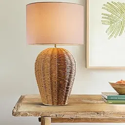 Decazone Rattan Handmade Wicker Table Lamp, Beside Table Lamps, Study Table Lamps, Side Lamps Light Decoration for Home, Living Room, Bedroom Bedside, Hall (White)-picture-31