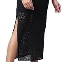 Women Self Design Black Cotton Lace Regular Fit Smart Casual Pencil Skirt-image-56