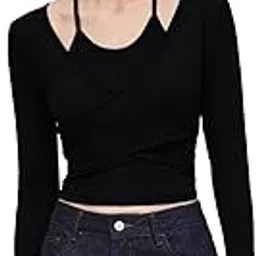 istyle can Women’s Halter Neckline Knotted Cross-Wrap Crop Top | Long Sleeve Fake Two-Piece Rib Knit Slim Fit Top | Solid White, Black, Brown | Y2K / Acubi Style image 1