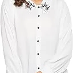 winered Women White Contrast Collar Embroidered Shirt-picture-15