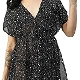 Women Black Foil Print V-Neck Short Sleeve Elasticated Waist With Tie-Up String Above Knee Length Beachwear Kaftan-image-88