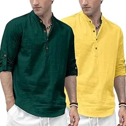zombom Combo of Men's Casual Solid Cotton Blend Full Sleeve Regular Fit Straight Kurta Shirt (Pack of 2)-picture-14