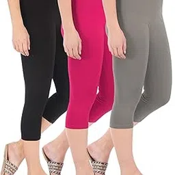 buy that trendz Combo Pack of 3 Skinny Fit 3/4 Capris Leggings for Women Black Rani Pink Ash-picture-27