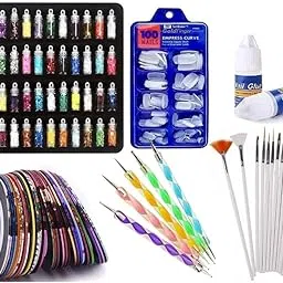 All-in-One Nail Art Kit for Women & Girls | 48 Glitter Stone Bottles, 100 Nail Tips, 10 Nail Tapes, 15 Nail Art Brushes, 5 Double-Ended Dotting Pens & 2 Nail Glue (Multicolor, Set of 7)-picture-21