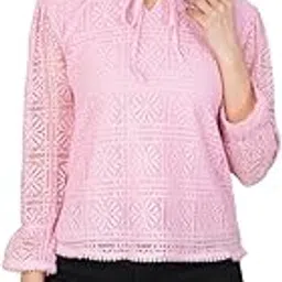 cliluxe Women’s Full Sleeve Lace Top with Floral Cutwork | Stylish Ruffle Neck Tie-Up Elegant Casual & Office Wear | Designer Top for Jeans or Trousers-picture-59