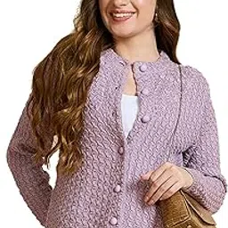 Wool Blend Round Neck Full Sleeve Casual Solid Winter Wear Cardigans for Women-GA6508-image-2