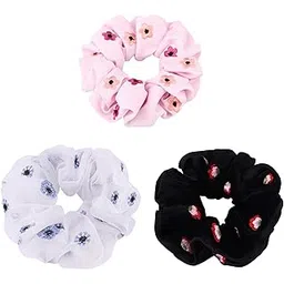 MASQ by Q-One Hair Accessories, Floral Embroidered, Handmade, Velvet Satin Organza Scrunchies/Hair Bands for Women, Girls with Elastic (Multicolor, Pack of 3)-image-70