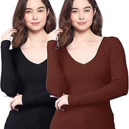 diving deep Regular Casual Wear Full Sleeve Top for Women, Top for Girls Plain V Neck Rib Knit Regular Tops for Women's Casual top Combo (Pack of 2)-picture-3