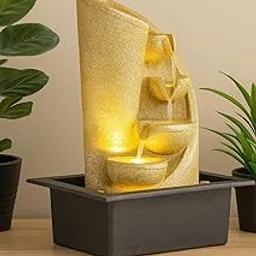 Mahganya Polyresin Table Top Cream Color Indoor Waterfall Fountain for Home Decor with Yellow LED Lights & Water Flow Controller Pump (Size: 38 x 29.5 x 22CM-picture-24