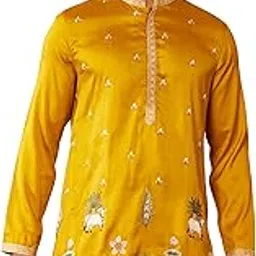 vastramay Men's Mustard Mid-Length Kurta - Silk Blend Thread Embroidered-picture-14