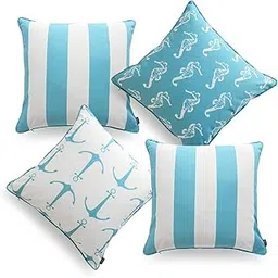 Hofdeco Beach Indoor Outdoor Pillow Cover ONLY, Water Resistant for Patio Lounge Sofa, Aqua Turquoise, Anchor Seahorse Stripes, 18"x18", Set of 4-picture-12