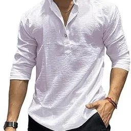 Men's White Popcorn Texture Long Sleeve Shirt | Ethnic Kurta Style with Mandarin Collar-picture-55