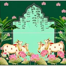 zeonely mart Background Decorations clothss| Pooja Backdrop Decoration Cloth | pichwai Backdrop Cloth for Decoration Dark Green Backdrop Four Cow& Pink Lotus Flowers 8_8 feet-picture-28