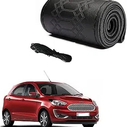 Car Steering Wheel Cover with Needle Thread Leather Sleeve Anti-Slip Breathable Full Black Color Suitable for Ford Figo Type-3-image-63