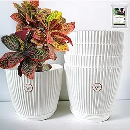VINSHRA 11 Inch White Flower Pot with 8 Bottom Tray (500 grm Organic Vermicomposting Free) Set of 5 / Indoor & Outdoor Use Pot/Plant Container/Planters Round for Terrace/Solid/Uv Treated-picture-40