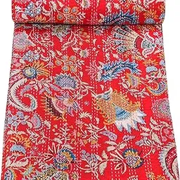 Katha Work Hand Stitched Double Thick bedsheets Bed Cover Kantha Throw Cotton Blanket Bedspread. (Red, Single Size (90x60 Inch))-picture-10