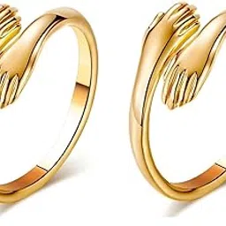 pdy fashion Pack of 2 Adjustable Stainless Steel Golden Color Hug Ring Valentine's Day/Anniversary Love Couple Embrace Statement Promise Hand Hug Me Finger-picture-13