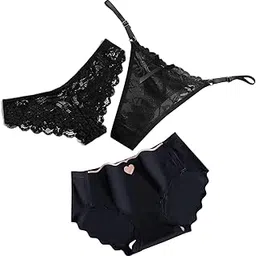 vikimo Women's Lace & Ice Silk Panty Set - Floral Net Bikini, Adjustable Strap Thong & Seamless Heart Design Briefs - (Pack of -3)-picture-27