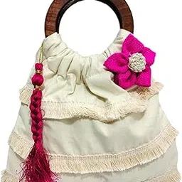 athizay Women Handbags handcarfted tassel hanging jute Flower embellishment Wooden top handle artisan bags traditional potli inspired-picture-31