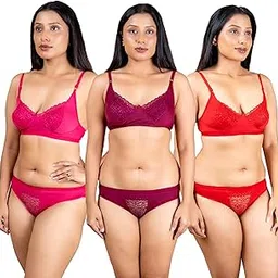 Designer Women's Bra and Panty Set Lace Solid Lingerie Set Combo of 3 Pink, red, Purple-picture-57
