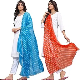 kemza Women's Chiffon Printed Leheriya Dupatta Combo For Women (Pack of 2_Free size) image 1