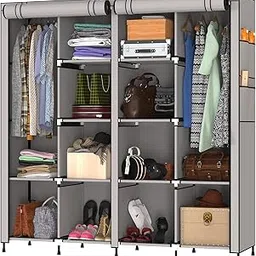 MY ARMOR 4-Door Foldable Wardrobe for Clothes, Wardrobe for Storage, Multipurpose Collapsible Fabric Almari Organizer for Clothes, ABS Plastic, Fabric Cupboard - 12 Shelfes & 2 Hanger Cabinet Almirah image 1