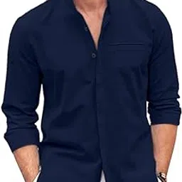 bellstone Mens Cotton Regular Fit Casual Button Down Shirt | Luster Long Sleeves | Mandarin Collared Shirts Navy Blue, Large-picture-23