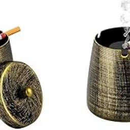 HASTHIP® Ashtray for Cigarette with Lid Vintage Windproof Metal Tray for Car Office Living Room Outdoor Indoor Fancy Gift for Smokers 2PCS image 1