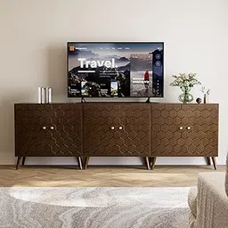 Goldview Furniture Solid Wood Storage Sideboard with Doors – Adjustable Shelves, Brown Honeycomb Cabinet (Brown Line Pattern, 3 Piece)-image-31