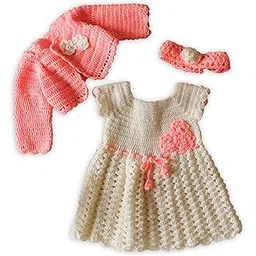 Handmade Baby Girls Crochet Dress Set, Sleeveless White Cotton Frock with Coral Pink Cardigan and Headband, Age 0-12 Months-picture-44