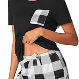 tesmezy Women Soft Graphic Pajamas Sets Short Sleeve Top with Shorts 2 Piece Lounge Set (Black)-picture-26