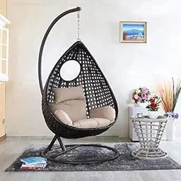 Prime PegionSingle Seater Swing Chair with Stand & Cushion Outdoor Indoor Balcony Garden Patio,Powder Coated Iron Frame,Uv Protected Wicker,Premium Cushion (Black-Beige)-picture-29